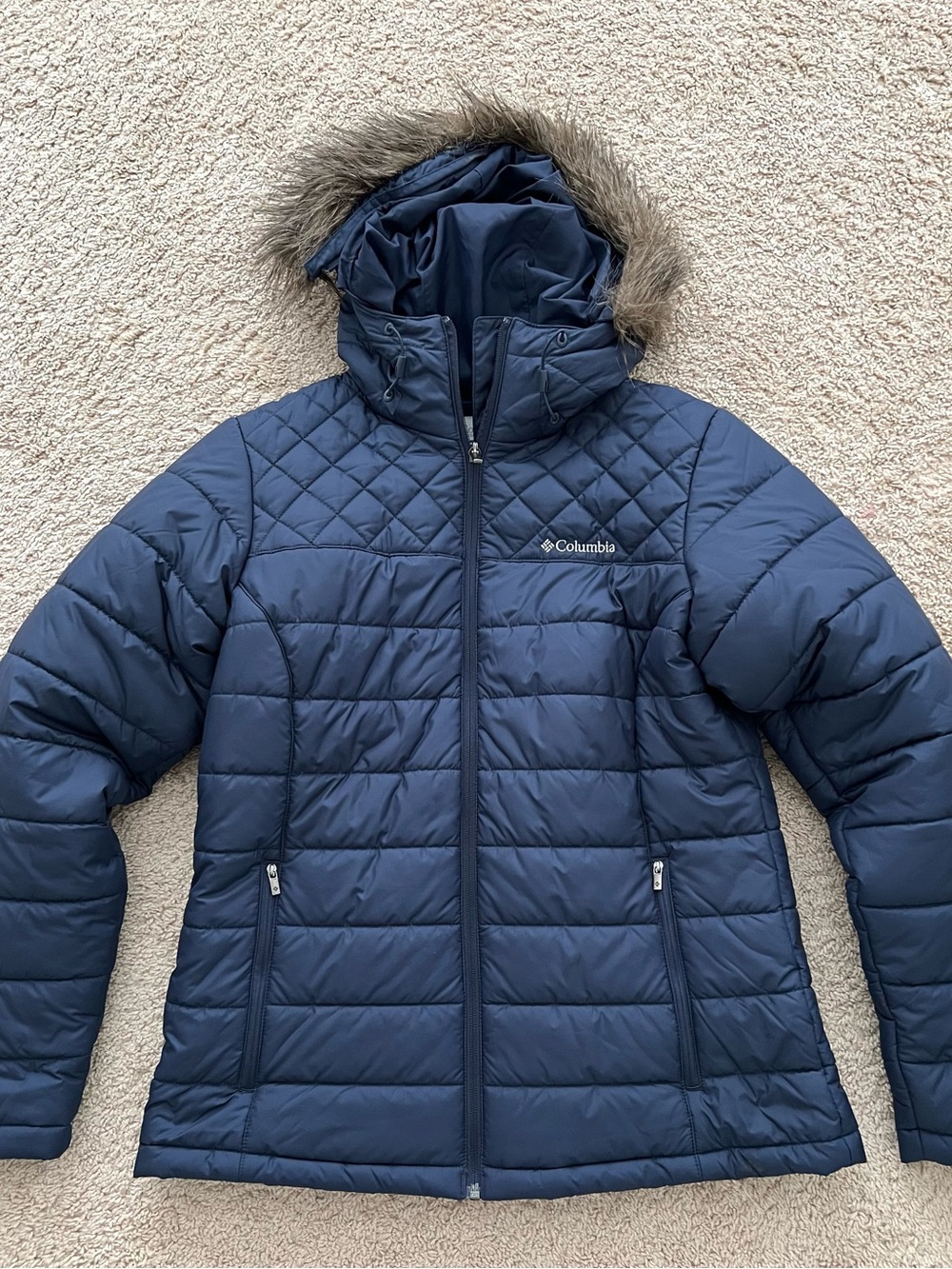 Columbia Women's Navy Blue Quilted Puffer Jacket Coat Faux Fur Hood Size M